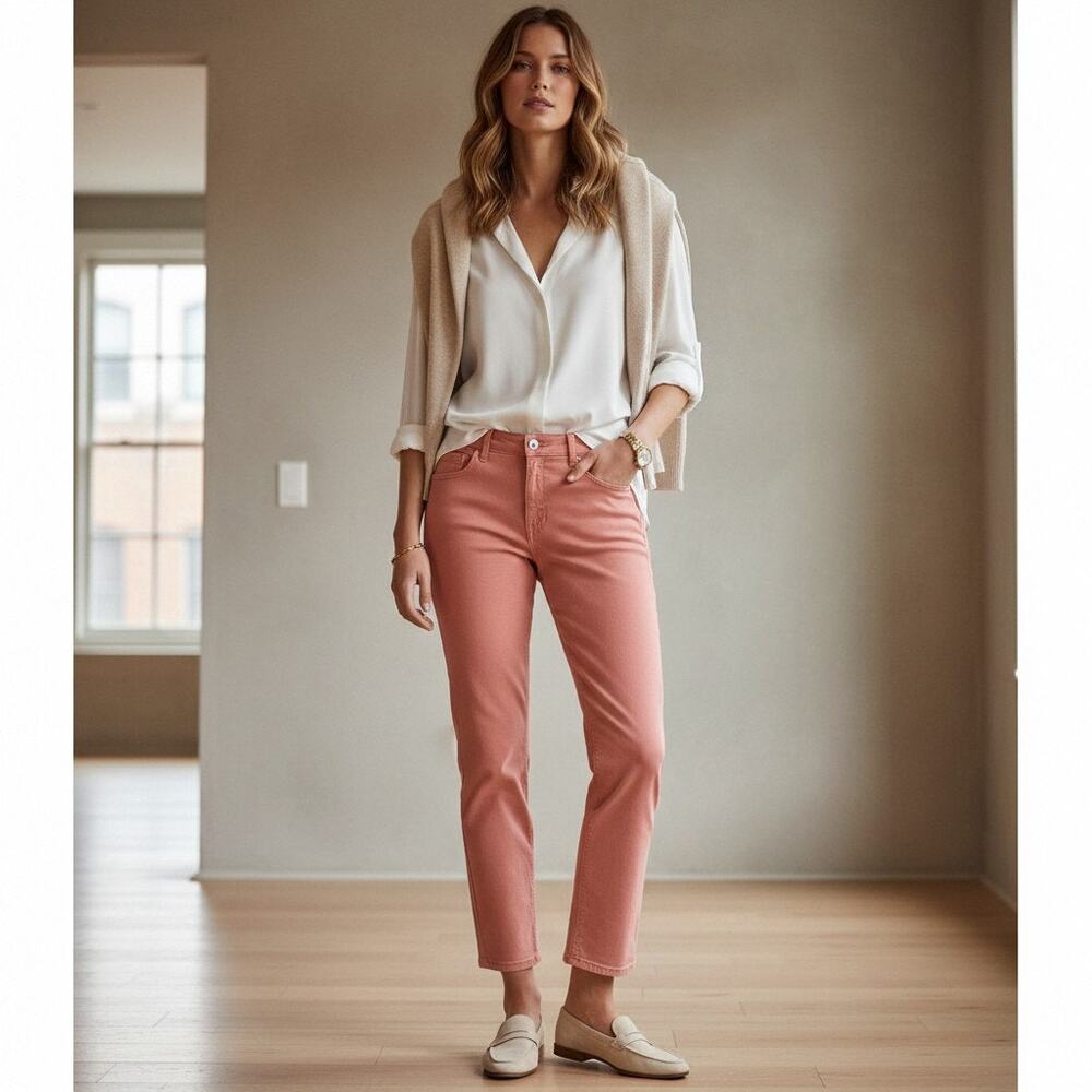 Soft Surroundings Fly Front Straight Leg Ultimate Denim Jeans Pants 14 Coral NWT